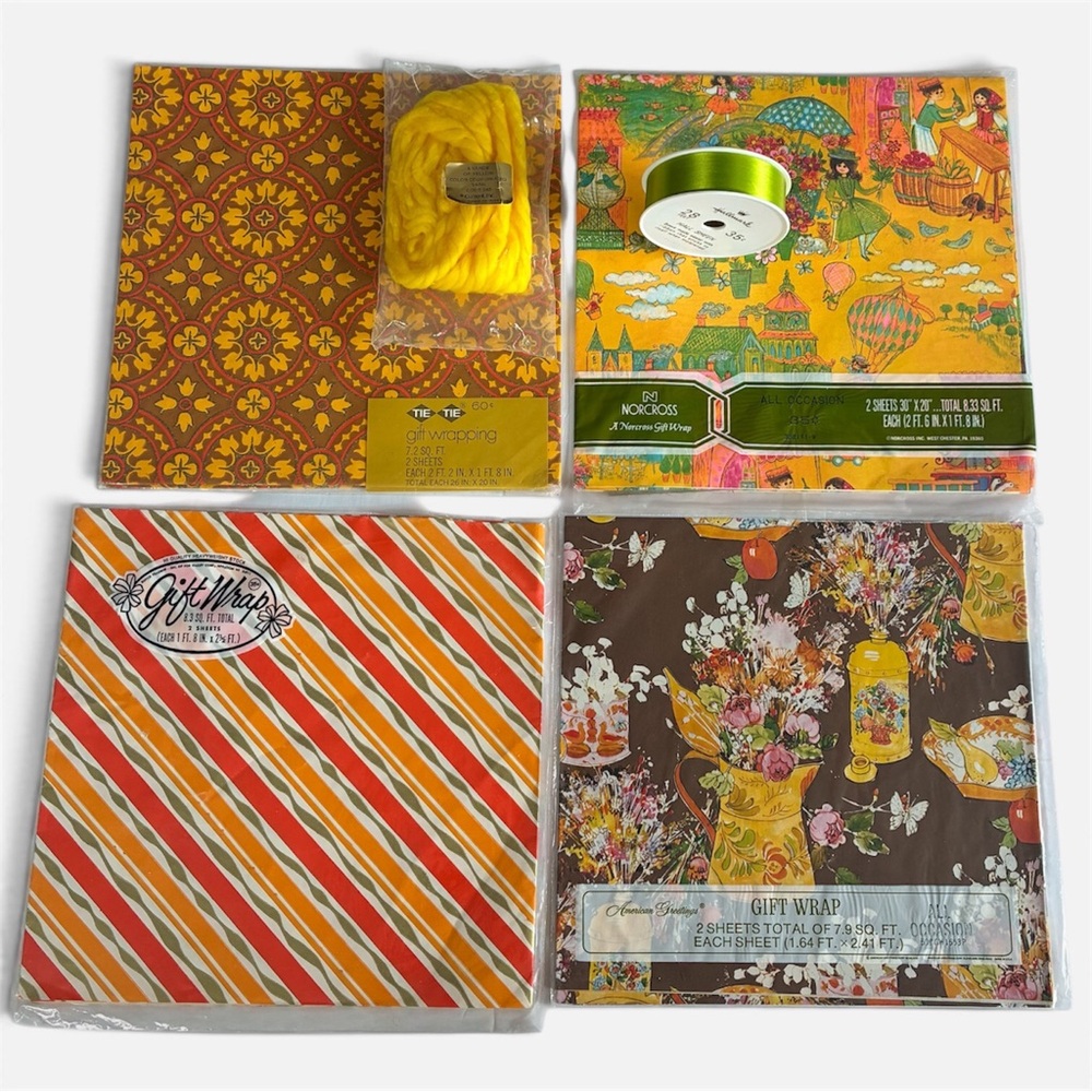 NEW Vintage Gift Wrap & Ribbon Lot Glitter Stripes Floral Yarn Hallmark NOS